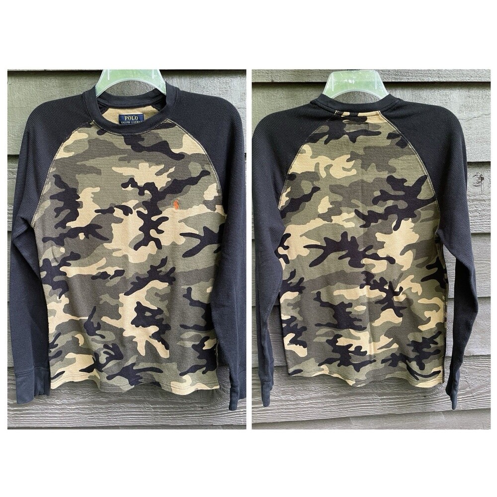 Polo Ralph Lauren Waffle Knit Thermal Shirt Men Black Camo Long Sleeve Pony Sz M
